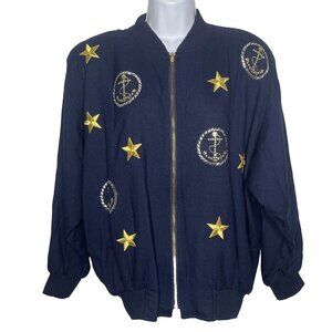 Vintage 80s Harlan Bomber Jacket Size M Navy Blue Nautical Yacht Rock Studded